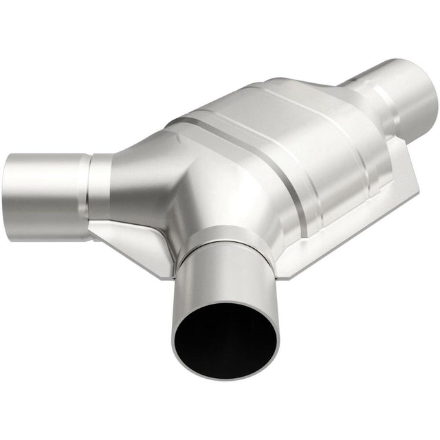 MagnaFlow universal catalytic converter driver side 2 inch inlet 2.25 inch outlet stainless steel CARB compliant 557407
