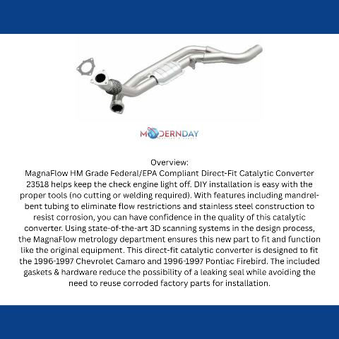 MagnaFlow direct-fit catalytic converter for 1995-1997 Chevy Camaro passenger side stainless steel Federal EPA compliant OBDII 23518