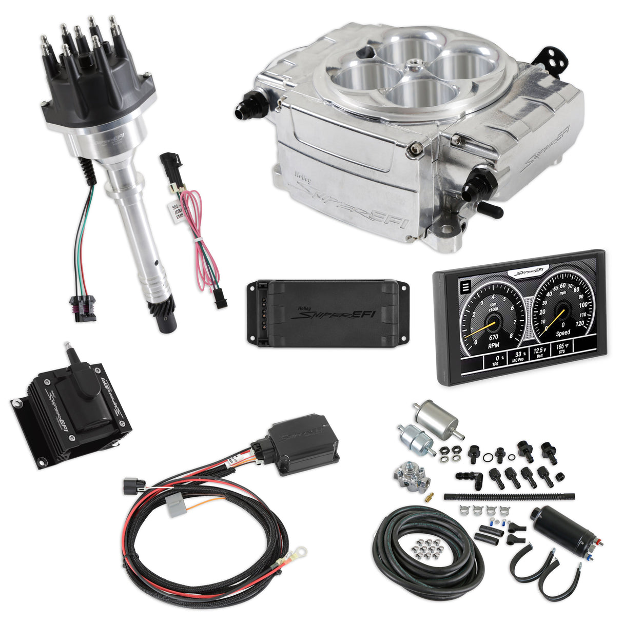 Holley EFI Sniper EFI 1958 Chevrolet Biscayne Sniper 2 EFI Bundle with HyperSpark Ignition System 550-510-5PK-SBC for Chevy Chevelle polished aluminum