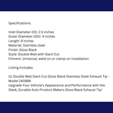 2.5" IDX4"X8" Double Wall Slant Cut Stainless Gloss Black Exhaust Tip 2508BK