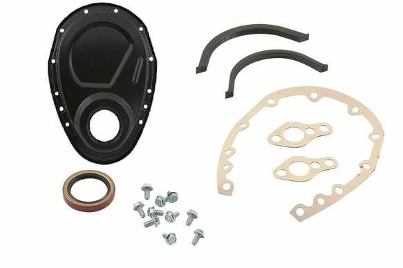 Mr. Gasket timing cover kit flat black small block Chevy 4590BP SBC steel 2493