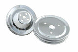 Mr. Gasket chrome pulley set two groove upper and lower pulleys Chevy 30 inch diameter polished steel 4961