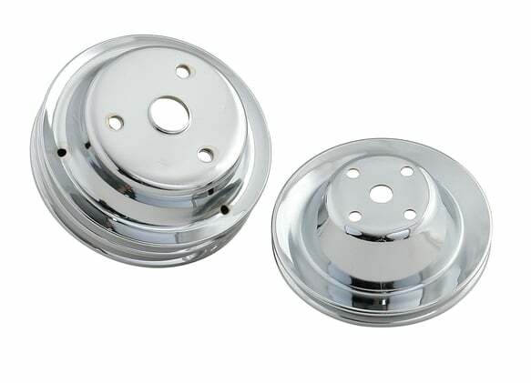 Mr. Gasket chrome pulley set single groove upper, double groove lower Chevy 30 inch diameter polished steel 4962