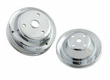 Mr. Gasket chrome pulley set single groove upper, double groove lower Chevy 30 inch diameter polished steel 4962