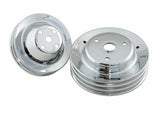 Mr. Gasket chrome pulley set double groove upper, triple groove lower Chevy 30 inch diameter polished steel 4963