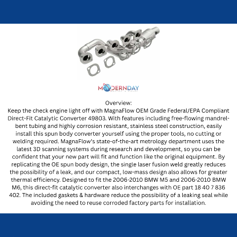 MagnaFlow direct-fit catalytic converter for 2006-2010 BMW M5 driver side stainless steel CARB compliant 49803