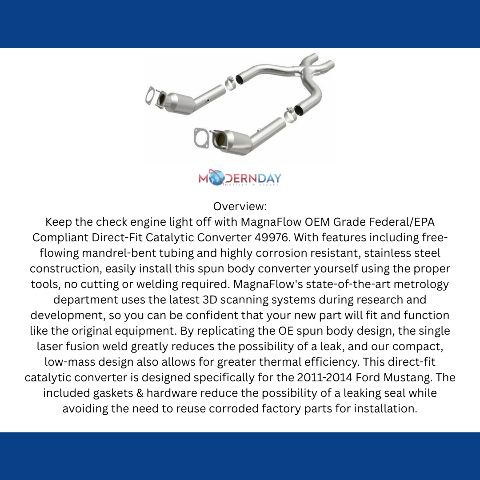 MagnaFlow direct-fit catalytic converter for 2011-2014 Ford Mustang 5.0L stainless steel CARB compliant 49976