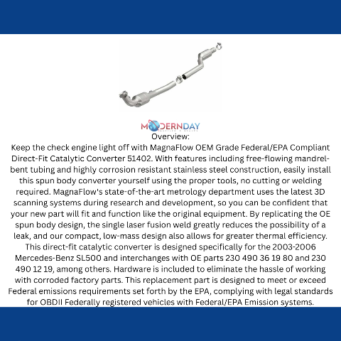 MagnaFlow direct-fit catalytic converter for 2003-2006 Mercedes driver side stainless steel CARB compliant OBDII 51402