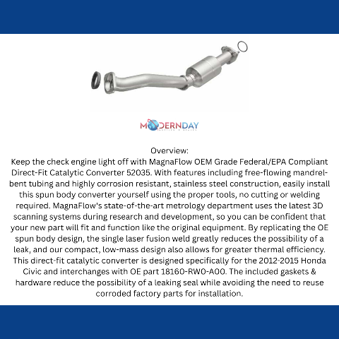 MagnaFlow direct-fit catalytic converter for 2012-2015 Honda Civic 1.5L stainless steel CARB compliant OBDII 52035