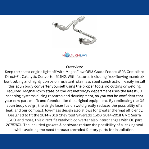 MagnaFlow direct-fit catalytic converter for 2014-2018 Chevy Sierra 1500 stainless steel CARB compliant