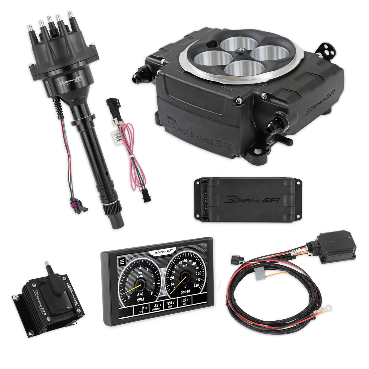 Holley EFI Sniper EFI 1958 Chevrolet Biscayne Sniper 2 EFI Bundle with HyperSpark Ignition System 550-511-5PX-SBC for Chevy Chevelle black aluminum