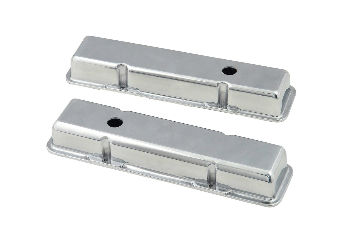 Mr. Gasket aluminum short style valve covers SBC Chevy 1-1/4 inch diameter polished 6850