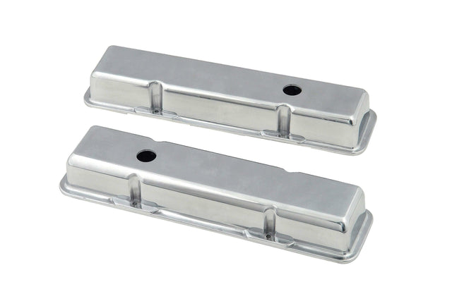 Mr. Gasket aluminum short style valve covers SBC Chevy 1-1/4 inch diameter polished 6850