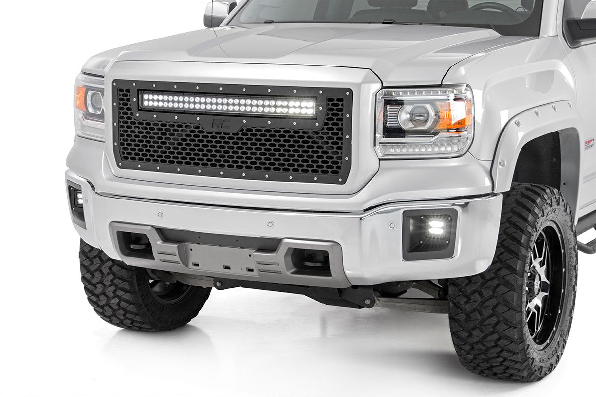 Fits Sierra 1500(14-15) Mesh Grille 30" Dual Row LED Black White DRL 70190DRL