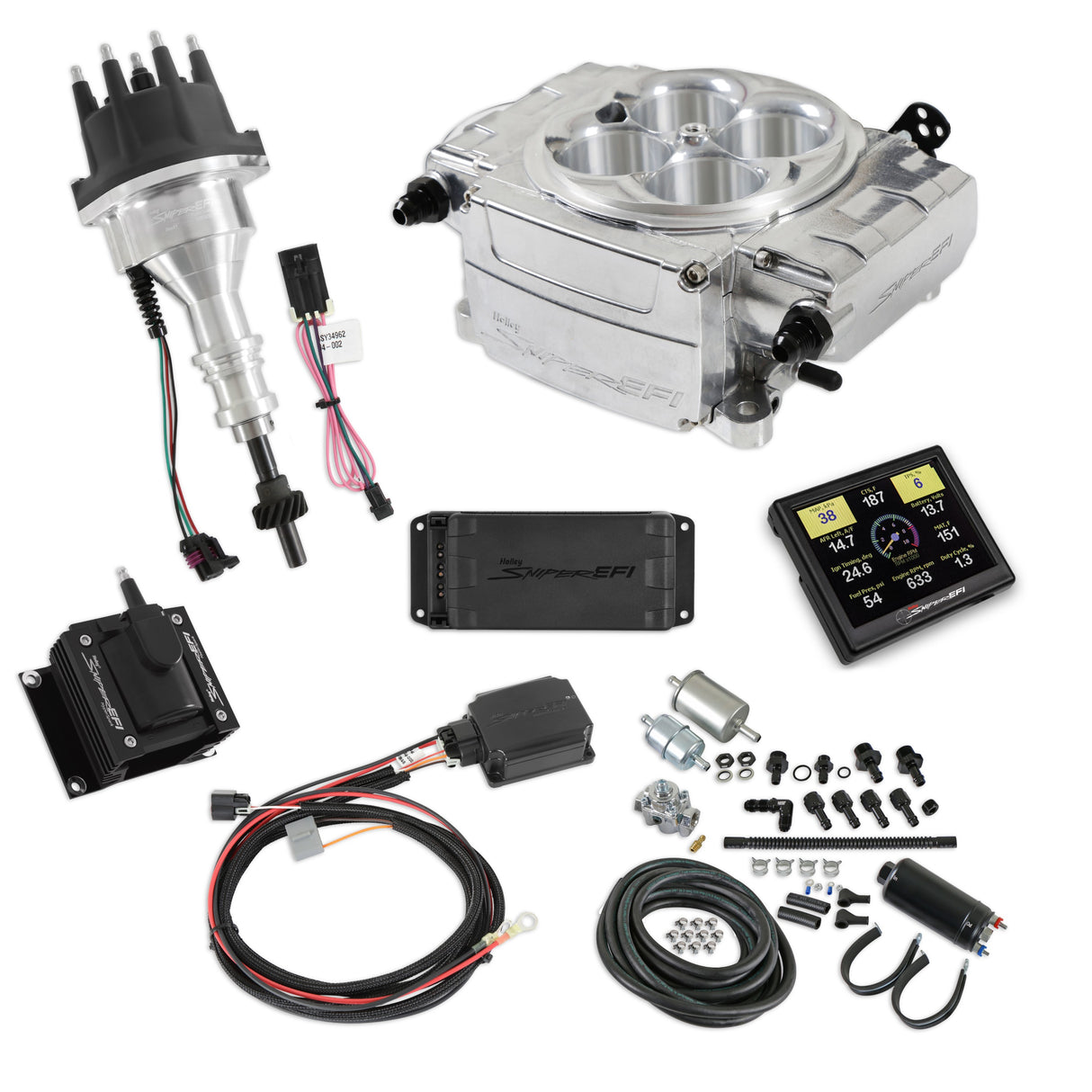 Holley EFI Sniper EFI 1954 Ford Club Sniper 2 EFI Bundle with HyperSpark Ignition System 550-510-3PK-SBF for Chevy polished aluminum