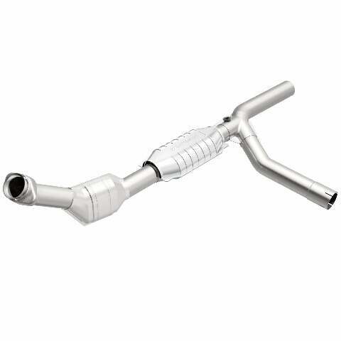 MagnaFlow direct-fit catalytic converter fits 1997-1999 Ford E-150 Econoline 4.6L and 1997-1999 Ford E-150 Econoline Club Wagon 4.6L passenger side stainless steel Federal EPA comp