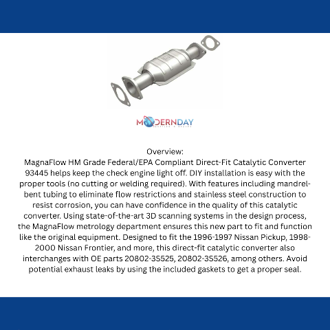 MagnaFlow direct-fit catalytic converter for 1998-2000 Nissan Frontier 2.4 inch inlet/outlet stainless steel Federal EPA compliant OBDII 93445