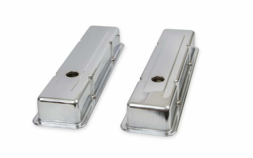 Mr. Gasket chrome valve covers dual cap holes fits 1960 1986 chevrolet small block 262 400 Chevy steel 9800