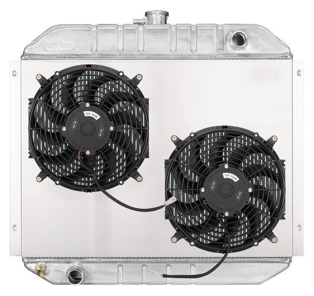 66-79 Ford Bronco Coyote Swap Aluminuminun Radiator and Dual 12 Inch Fan Kit row aluminum polished