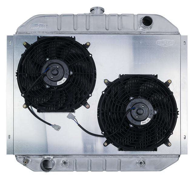 66-79 Ford Truck Bronco Aluminum Radiator And 12 Inch Fan Kit Dual 2 row aluminum polished
