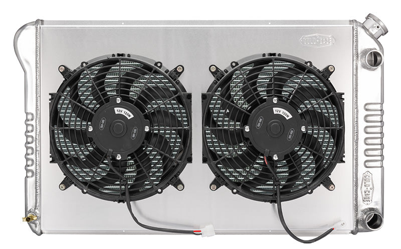 78-88 GM G-Body Aluminum Radiator and 12 Inch Dual Fan Kit AT LS Swap for 1978-1988 2 row aluminum polished