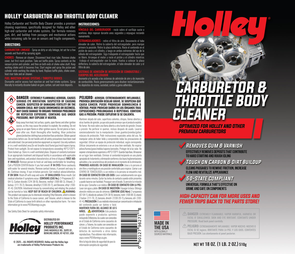 Holley Carburetor & Throttle Body Cleaner Spray, 18oz Can 120-HLYCC-18