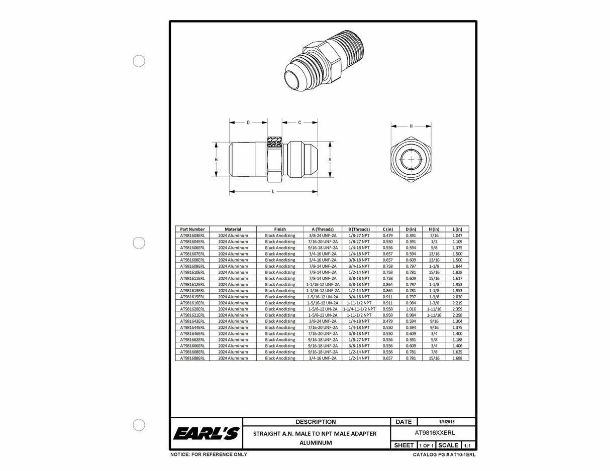 Earls Straight Male AN -6 to 1/2 NPT - AT981668ERL