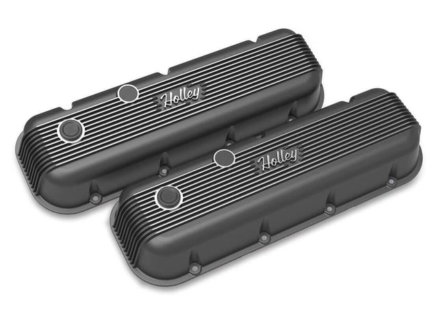 Holley BBC Vintage Series Finned Valve Covers - Satin Black Machined Finish - 241-302 for 1975-1996 Chevy El Camino black polished aluminum