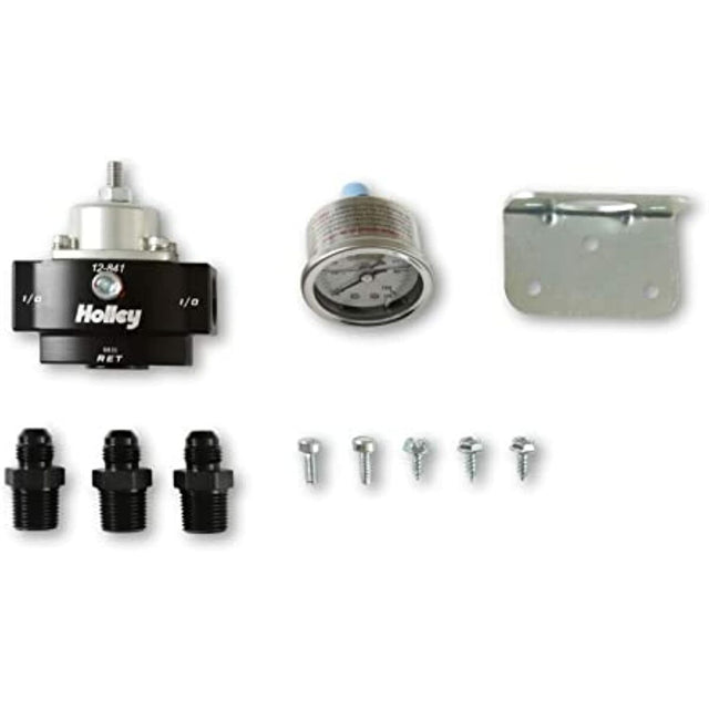 Holley Billet Bypass Fuel Pressure Regulator Kit 4.5-9 Psi W/Fittings & Gauge-12-841KIT black aluminum