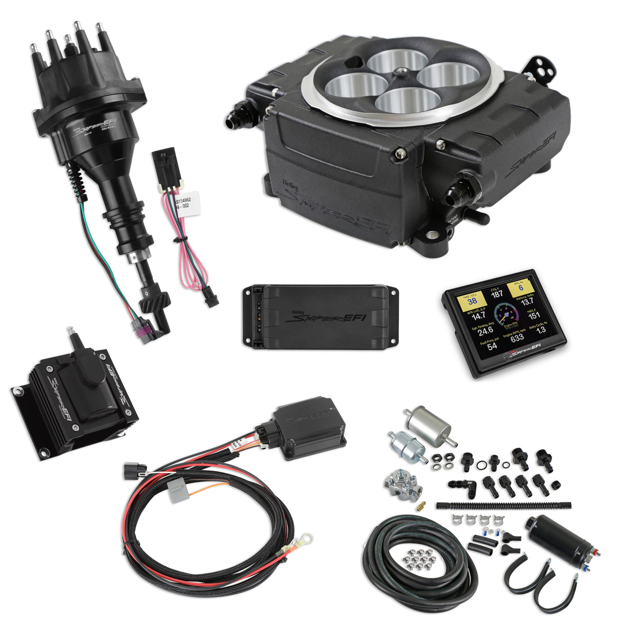 Holley EFI Sniper EFI 1954 Ford Club Sniper 2 EFI Bundle with HyperSpark Ignition System 550-511-3PK-SBF for Chevy black aluminum