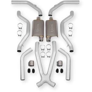 A complete Flowmaster exhaust system kit with mufflers, pipes and clamps