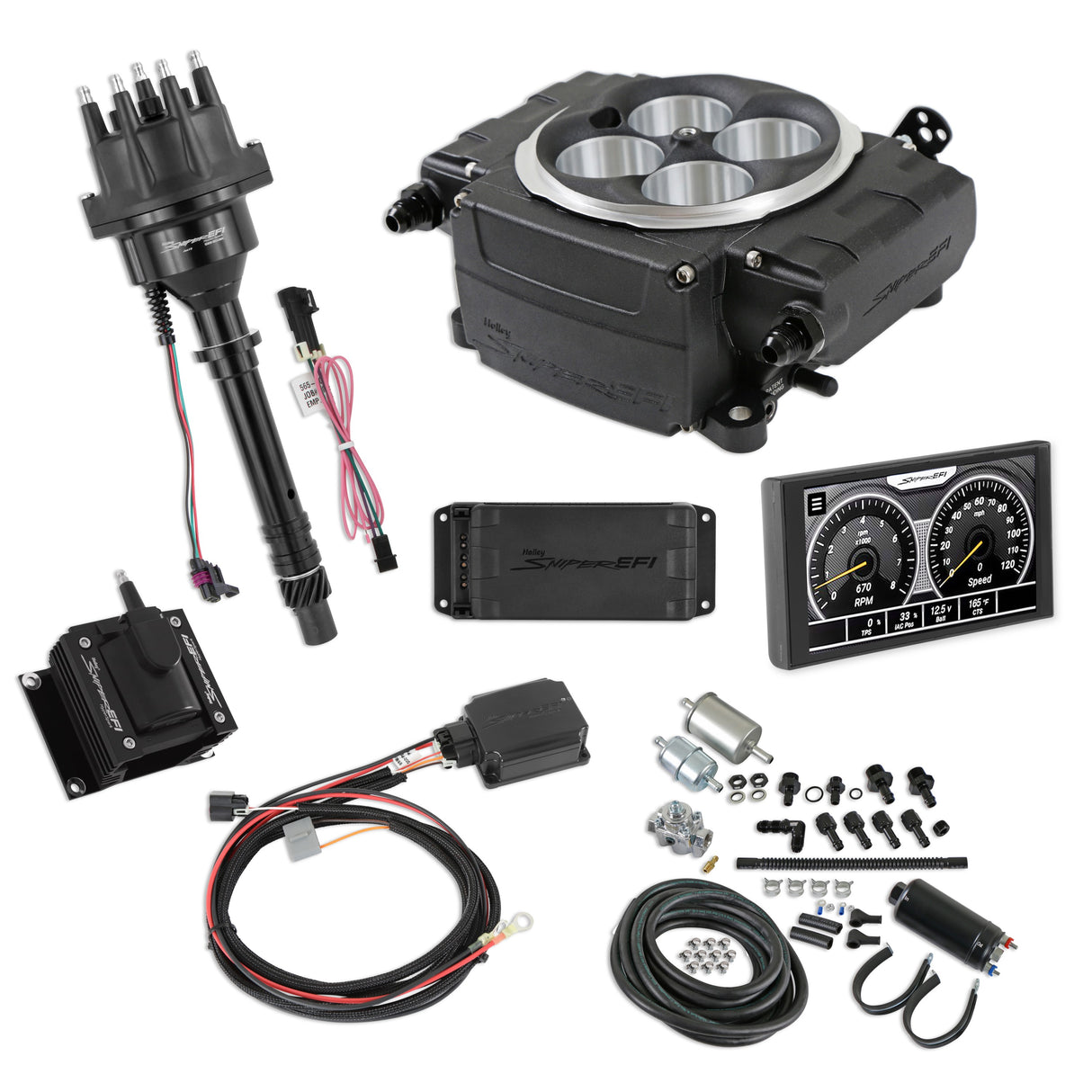 Holley EFI Sniper EFI 1958 Chevrolet Biscayne Sniper 2 EFI Bundle with HyperSpark Ignition System 550-511-5PK-SBC for Chevy Chevelle black aluminum