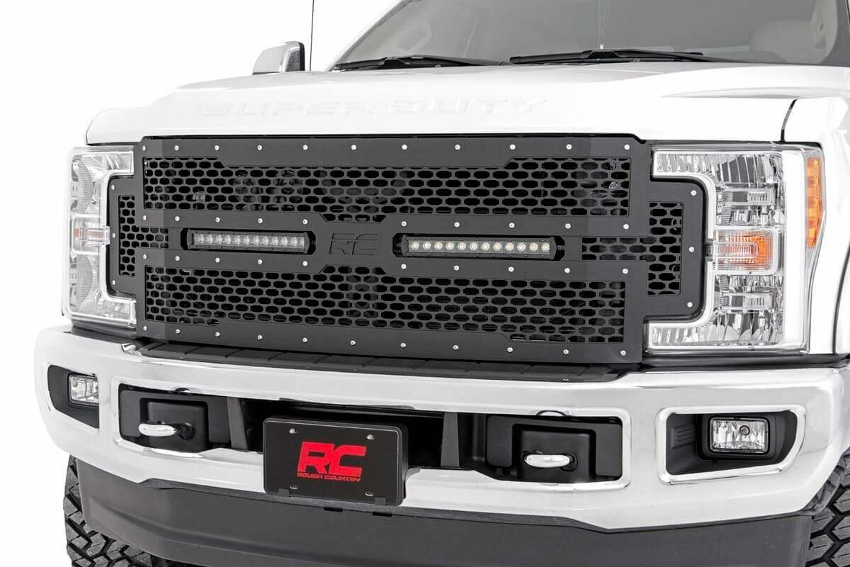 Fits Ford F-250/F-350 SD (17-19) Mesh Grille; 12" Dual Row LED; Black; 70216