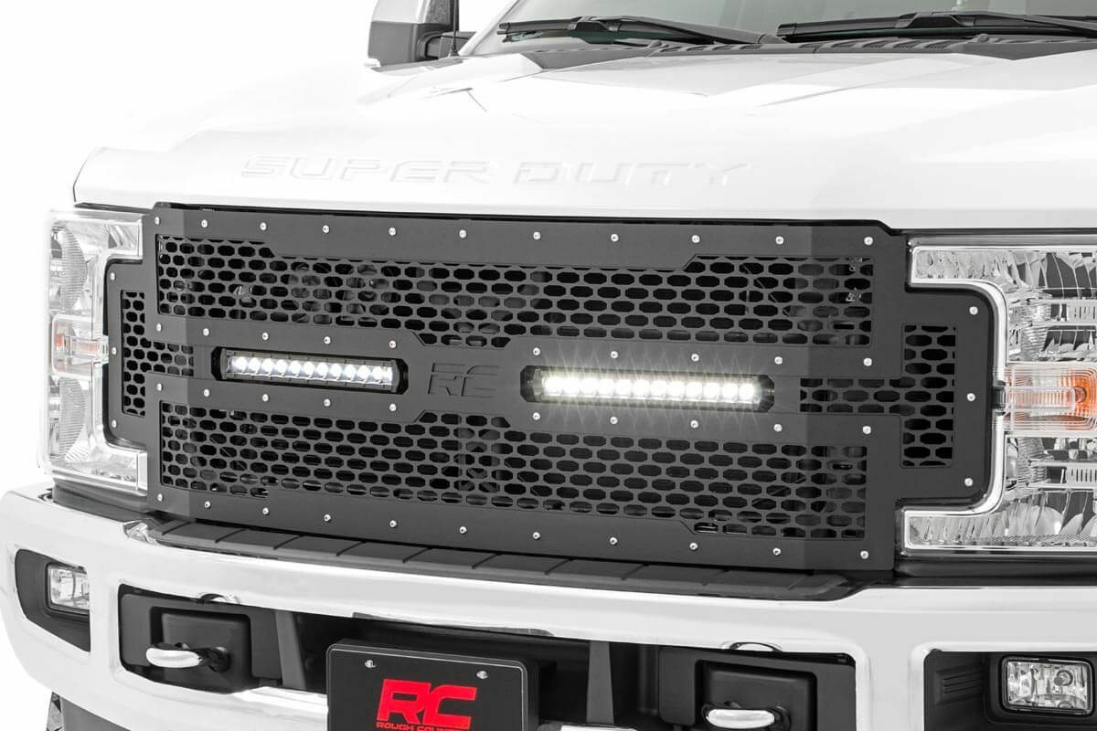 Fits Ford F-250/F-350 SD (17-19) Mesh Grille; 12" Dual Row LED; Black; 70216
