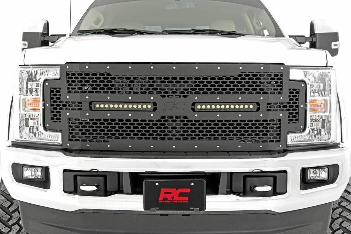 Fits Ford F-250/F-350 SD (17-19) Mesh Grille; 12" Dual Row LED; Black; 70216