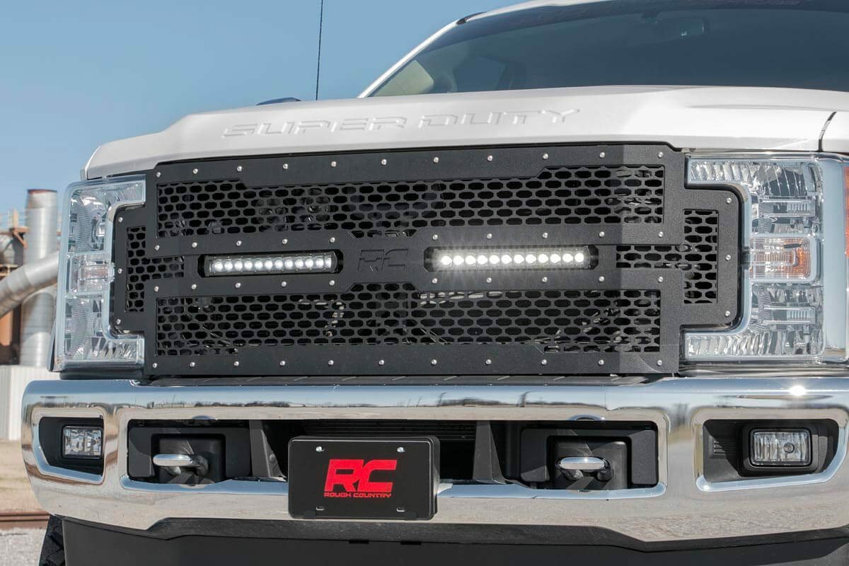 Fits Ford F-250/F-350 SD (17-19) Mesh Grille; 12" Dual Row LED; Black; 70216