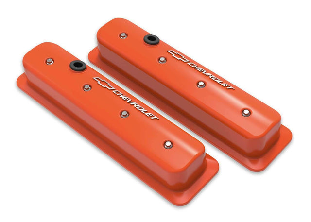 Holley GM Muscle Series Center Bolt Valve Covers Factory Orange Machined Finish 241-293 for Chevy black polished aluminum