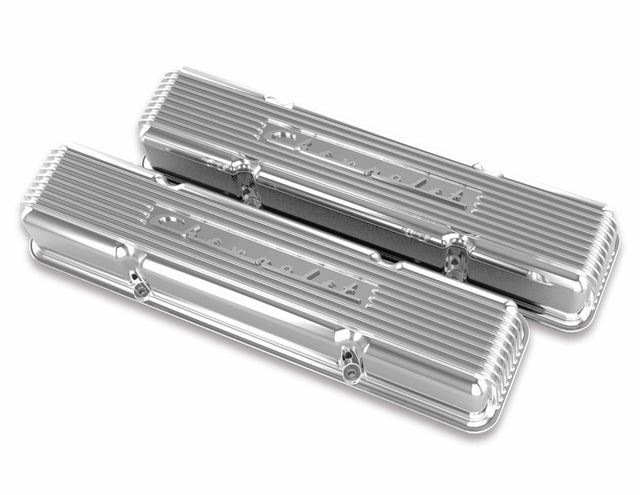Holley GM Licensed Vintage Series SBC Valve Covers - 241-107 for 1958-1986 Chevy El Camino black polished aluminum