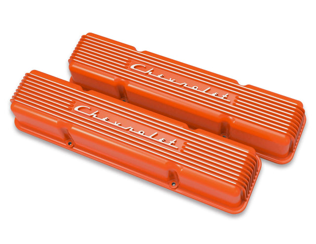 Holley GM Licensed Vintage Series SBC Valve Covers Factory Orange Finish 241-109 for 1958-1986 Chevy El Camino black polished aluminum
