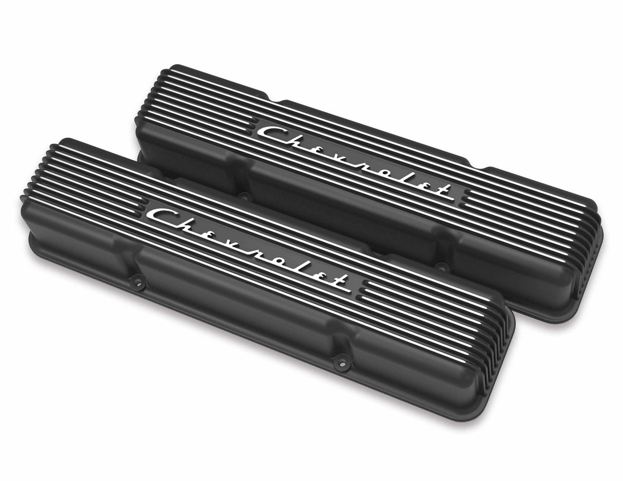 Holley GM Licensed Vintage Series SBC Valve Covers Satin Black Finish 241-108 for 1958-1986 Chevy El Camino black polished aluminum