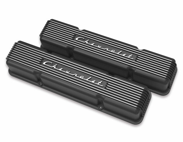 Holley GM Licensed Vintage Series SBC Valve Covers Satin Black Finish 241-108 for 1958-1986 Chevy El Camino black polished aluminum