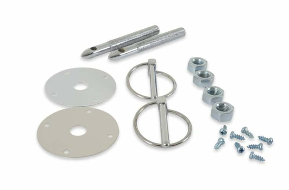 Mr. Gasket hood and deck pinning kits with screw on scuff plates chrome polished steel 1017