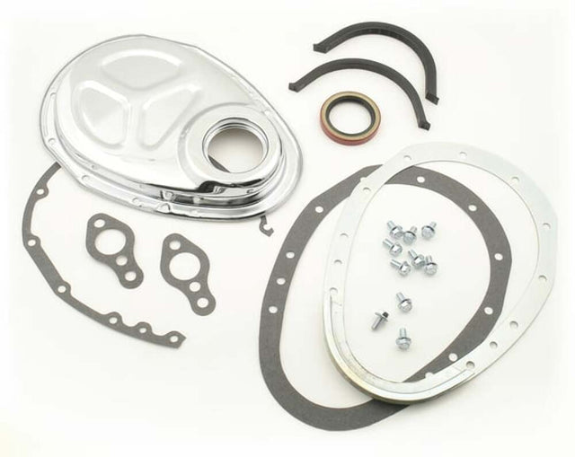 Mr. Gasket 2 piece quick change timing cover chrome SBC Chevy steel 1099