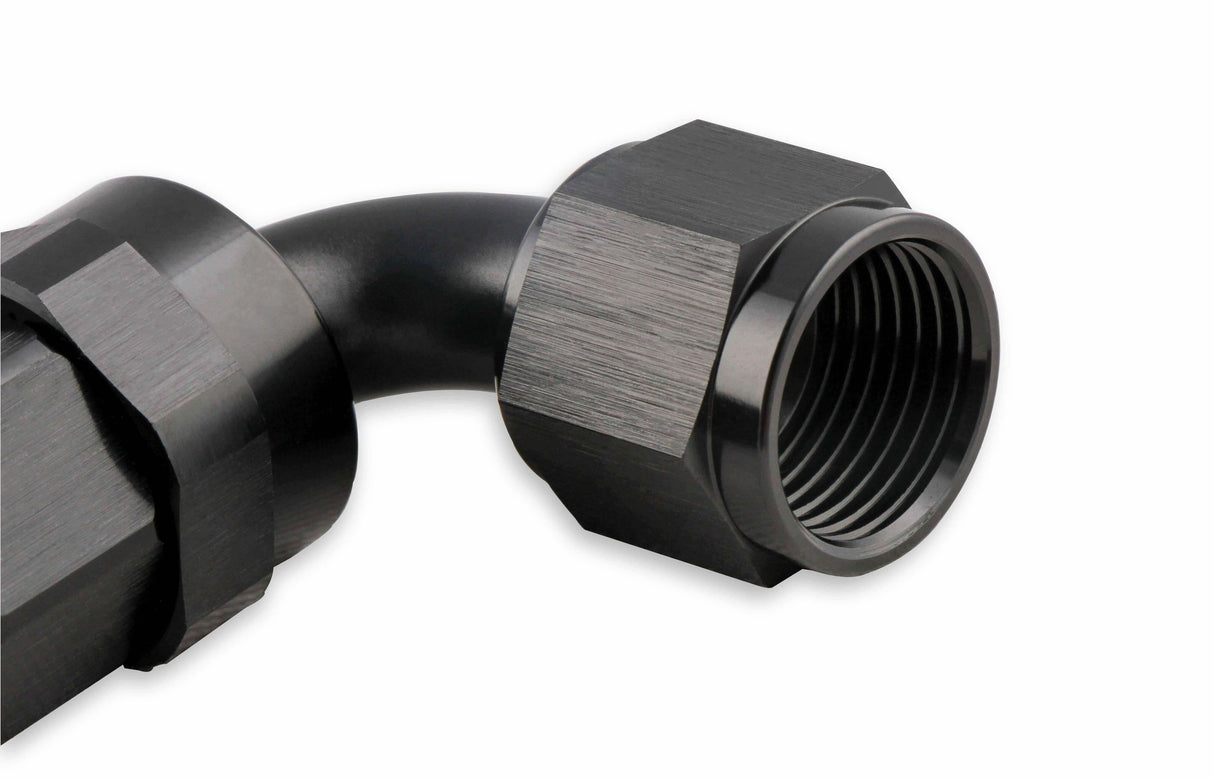 Mr. Gasket 6 AN 90 degree swivel hose end black BL aluminum stainless steel 229006