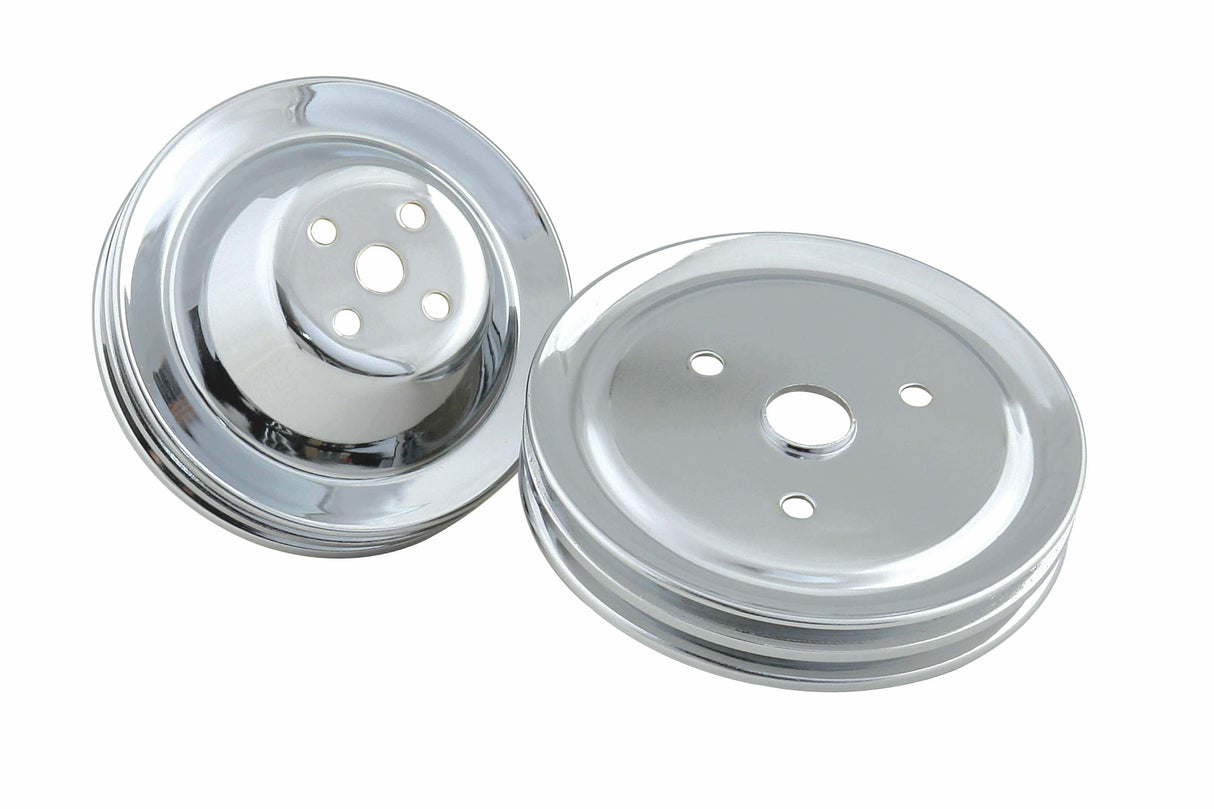 Mr. Gasket chrome pulley set two groove upper and lower pulleys Chevy 30 inch diameter polished steel 4961