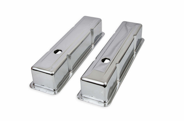 Mr. Gasket chrome tall style valve covers without baffle SBC Chevy steel 9801