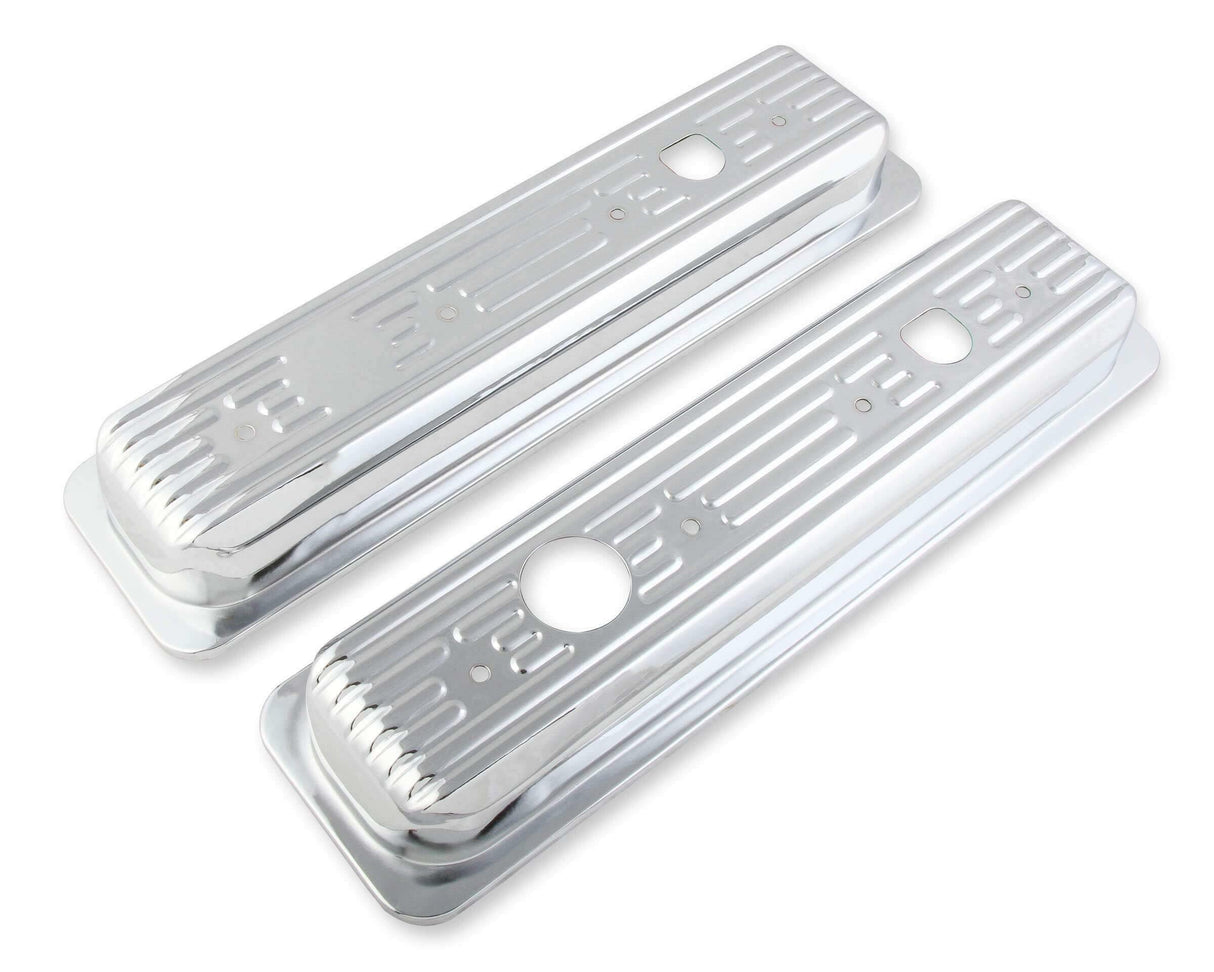 Mr. Gasket chrome valve covers caps SBC Chevy steel 9847