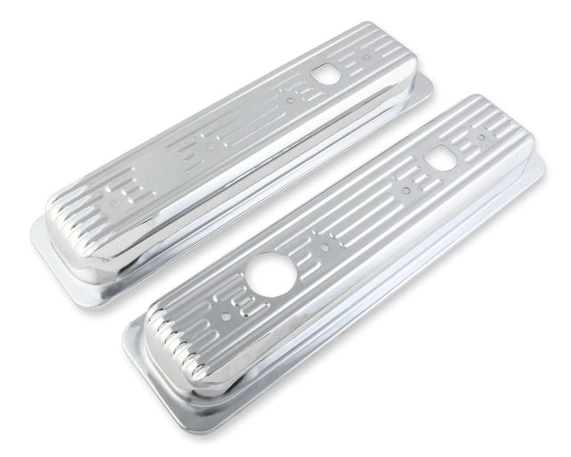 Mr. Gasket chrome valve covers caps SBC Chevy steel 9847