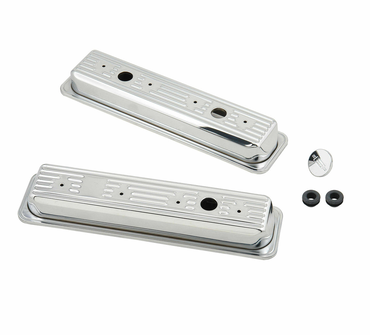 Mr. Gasket chrome valve covers finned SBC Chevy steel 9415