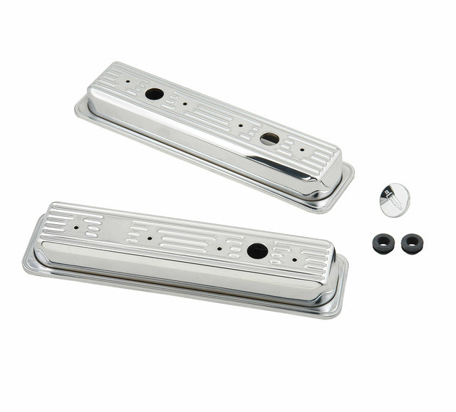 Mr. Gasket chrome valve covers finned SBC Chevy steel 9415
